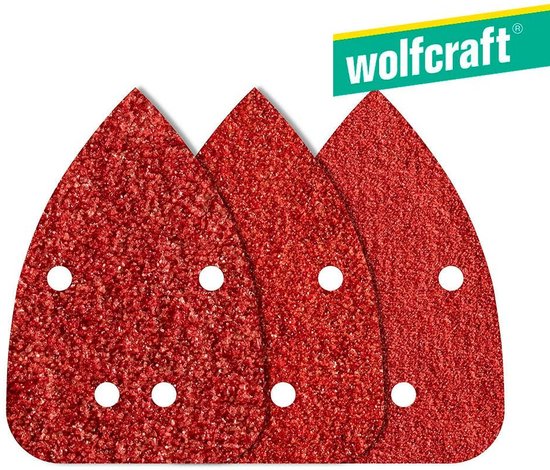 Drie rode driehoekige schuurpapiertjes met witte stippen op een witte achtergrond.