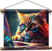 Textielposter - Kleurrijke Snuggere Kat met Bril achter Laptop - 40x30 cm Foto op Textiel