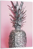 Dibond - Zilveren Ananas met Roze Achtergrond - 100x150 cm Foto op Aluminium (Met Ophangsysteem)