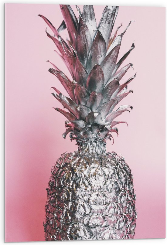 Acrylglas - Zilveren Ananas met Roze Achtergrond - 50x75 cm Foto op Acrylglas (Met Ophangsysteem)