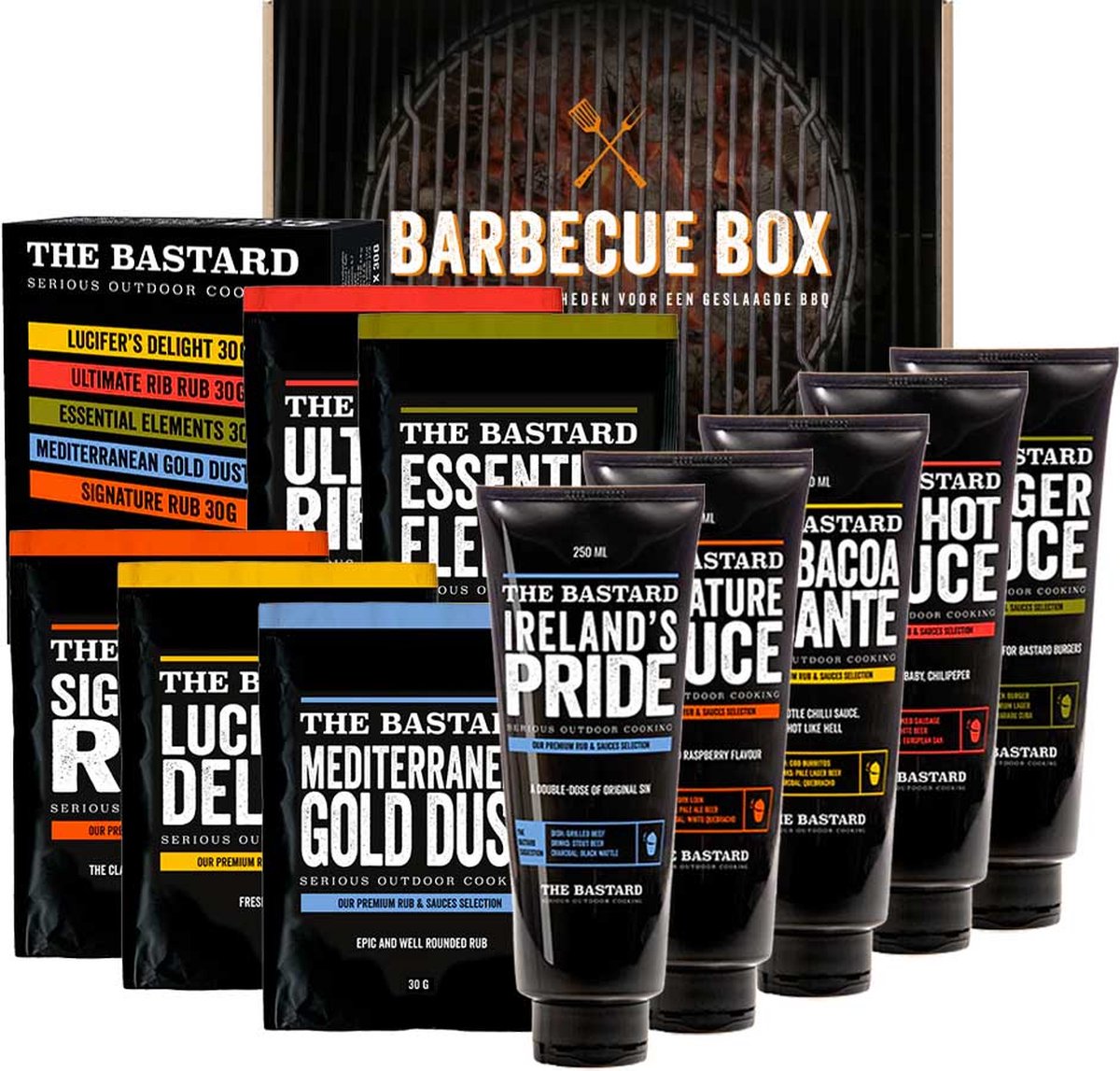 Barbecue pakket met alle sauzen en rubs van The Bastard | BBQ pakket cadeau - Cadeaumakers