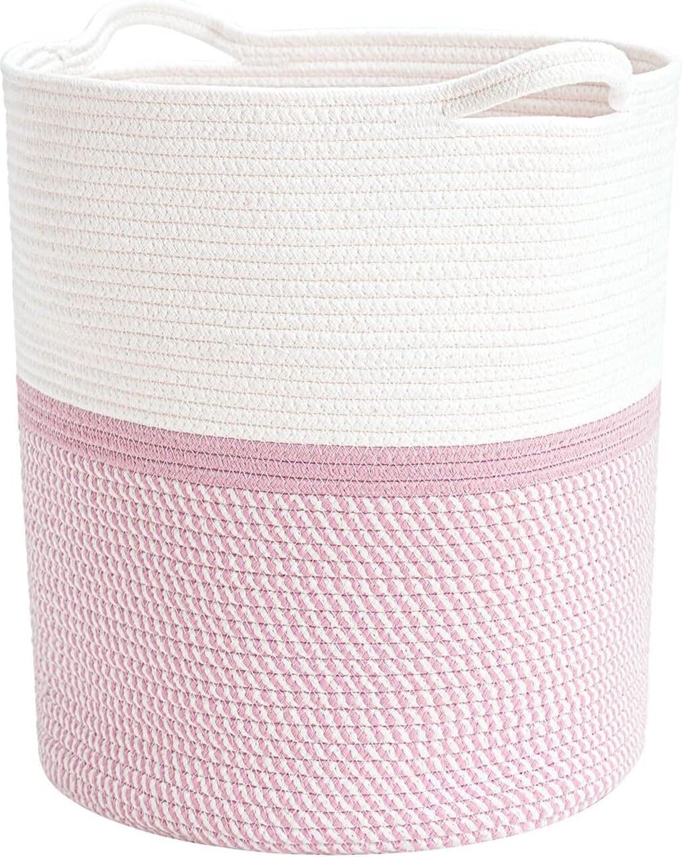 grote wasmand voor kinderkamer katoenen mand touw opbergmand voor speelgoed dekenmand Ø 36 x diepte 34 x hoogte 41 cm, wit en roze