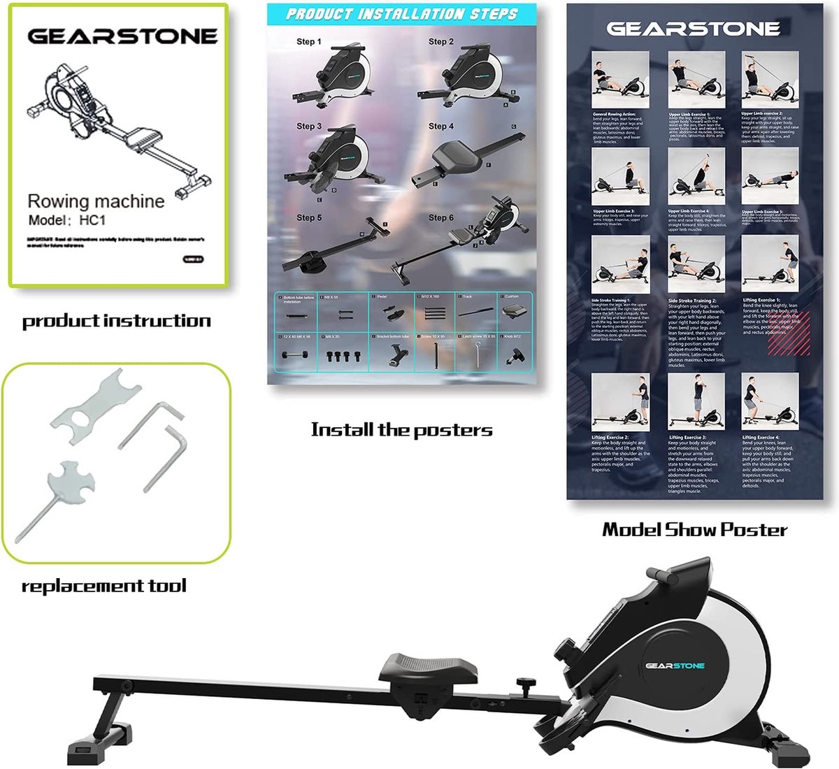 Gearstone rameur facile à ranger, rameur avec l'écran lcd, lisse