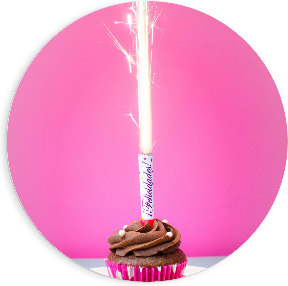 PVC Schuimplaat Muurcirkel - Verjaardagscupcake met Chocolade Topping en Fontein - 90x90 c
