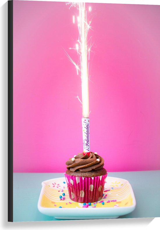 Canvas - Verjaardagscupcake met Chocolade Topping en Fontein - 60x90 cm Foto op Canvas Schilderij (Wanddecoratie op Canvas)