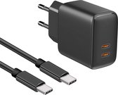 Phreeze Dual USB-C Snellader 35W - Inclusief 1m Gevlochten USB-C Kabel - GaN Technologie - Super Fast + Quick Charge voor S24,S23,S22,S9,A9,A8,A7,Plus,Ultra,Lite - Zwart