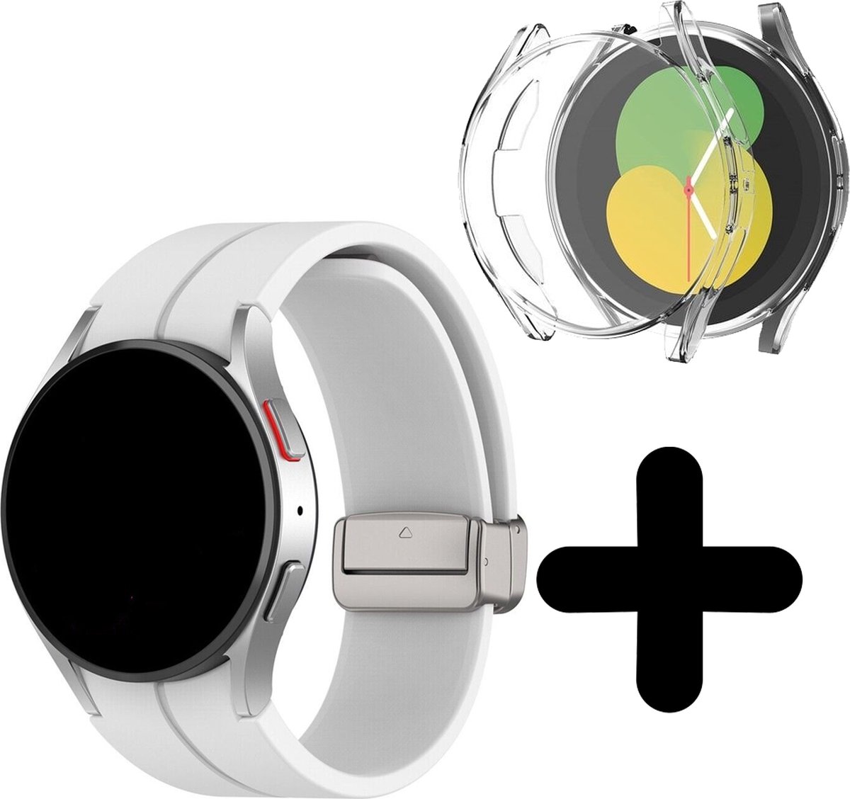 Strap-it bandje geschikt voor Geschikt voor Samsung Galaxy Watch 5 40mm magnetische sport band (wit) - Band siliconen Galaxy Watch 5 40 mm - Incl. screenprotector case bescherming - Hoesje beschermhoes beschermer - Transparant full cover hardcase