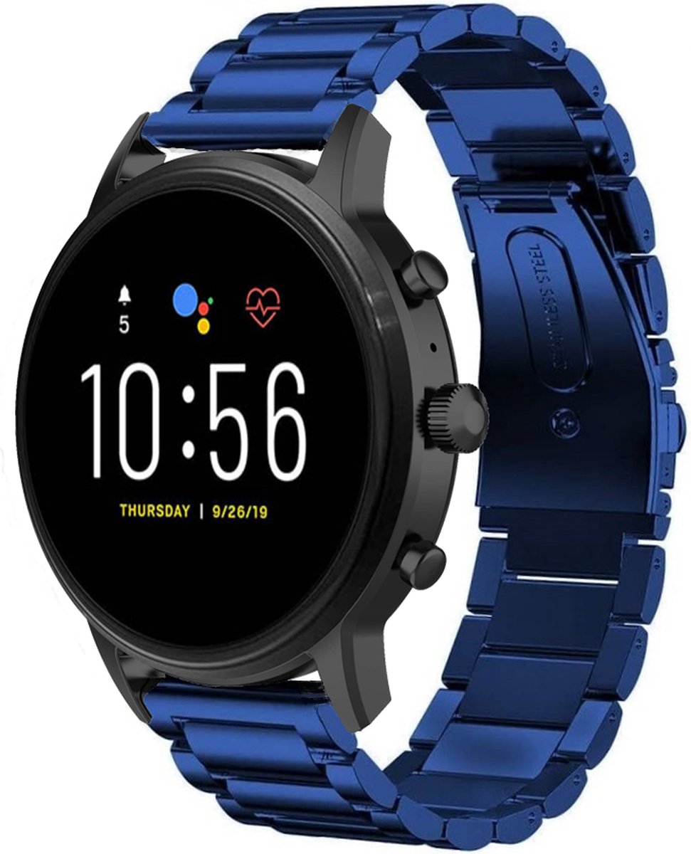 Strap-it Stalen schakel bandje - geschikt voor Fossil Gen 5 / Gen 5e 44mm / Gen 6 44mm - blauw