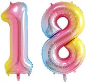 Folie Ballonnen XL Cijfer 18 , Blauwe Regenboog, 2 stuks, 86cm, Verjaardag, Feest, Party, Decoratie, Versiering