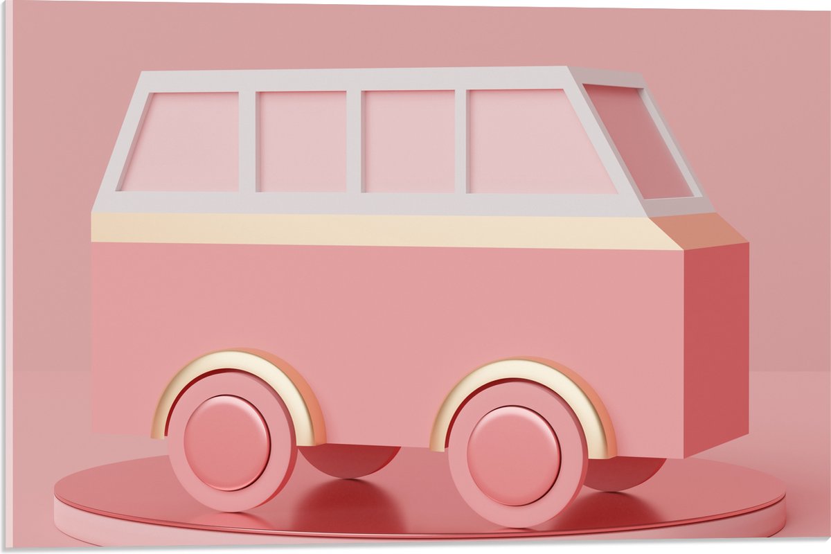 Acrylglas - Roze Speelgoed Camper tegen Roze Achtergrond - 60x40 cm Foto op Acrylglas (Met Ophangsysteem)
