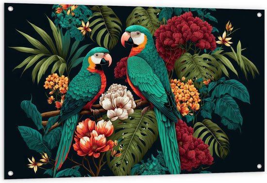 Tuinposter – Schilderij van Twee Papegaaien tussen de Kleurrijke Bloemen en Planten - 120x80 cm Foto op Tuinposter (wanddecoratie voor buiten en binnen)
