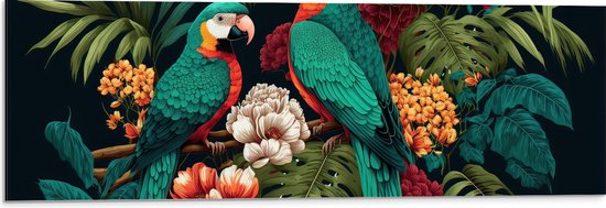 Dibond - Schilderij van Twee Papegaaien tussen de Kleurrijke Bloemen en Planten - 90x30 cm Foto op Aluminium (Wanddecoratie van metaal)