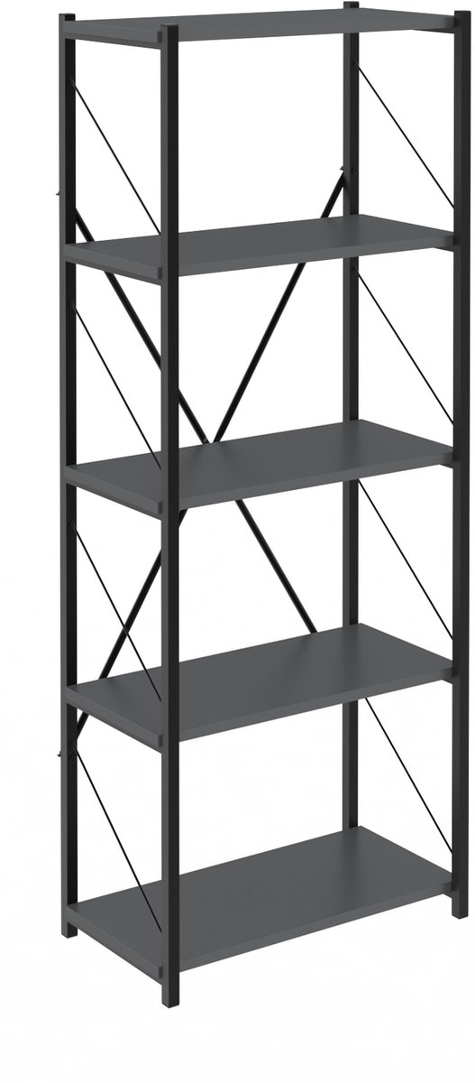 Soof&Tess Boekenkast - Walnut - Opbergrek Met 5 Planken - Woonkamer - Slaapkamer 32 x 60 x 150 cm - Antraciet / Zwart - Open Planken - Voor Kantoor