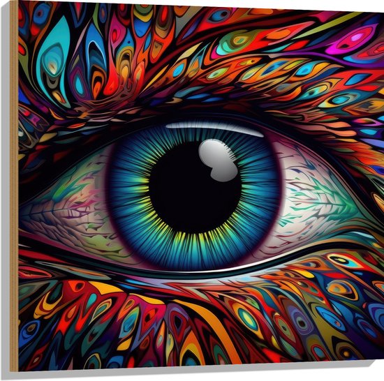 Hout - Schilderij van Blauw oog op Kleurrijk Gezicht met Patronen - 80x80 cm - 9 mm dik - Foto op Hout (Met Ophangsysteem)