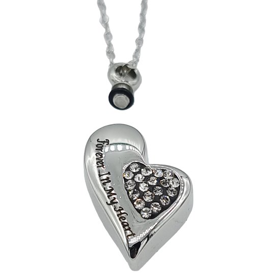 Collier avec pendentif Ashes - Pendentif commémoratif coeur dans coeur avec pierres de zircone transparentes - Acier de Premium - Longueur 50 cm