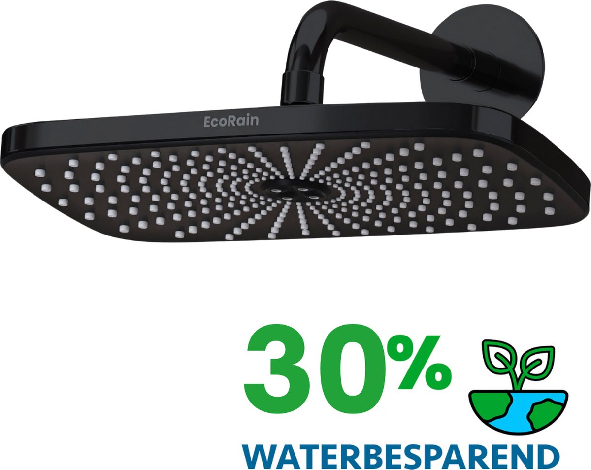 EcoRain© 30% Waterbesparende Regendouchekop Melvin 30 CM met Douchearm - Hoge Druk - Universele Aansluiting - Anti-kalk Douchekop - 2 jaar garantie - Zwart