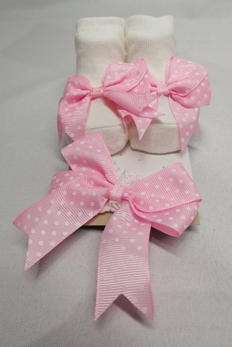 Goedkoopste Tom & Zoe - Baby Haarband met Bijpassende Sokjes - Meisje - Room Wit met Zachtroze Strik - Set - Kant - 0-6 mnd - Kraam Kado Tip !!