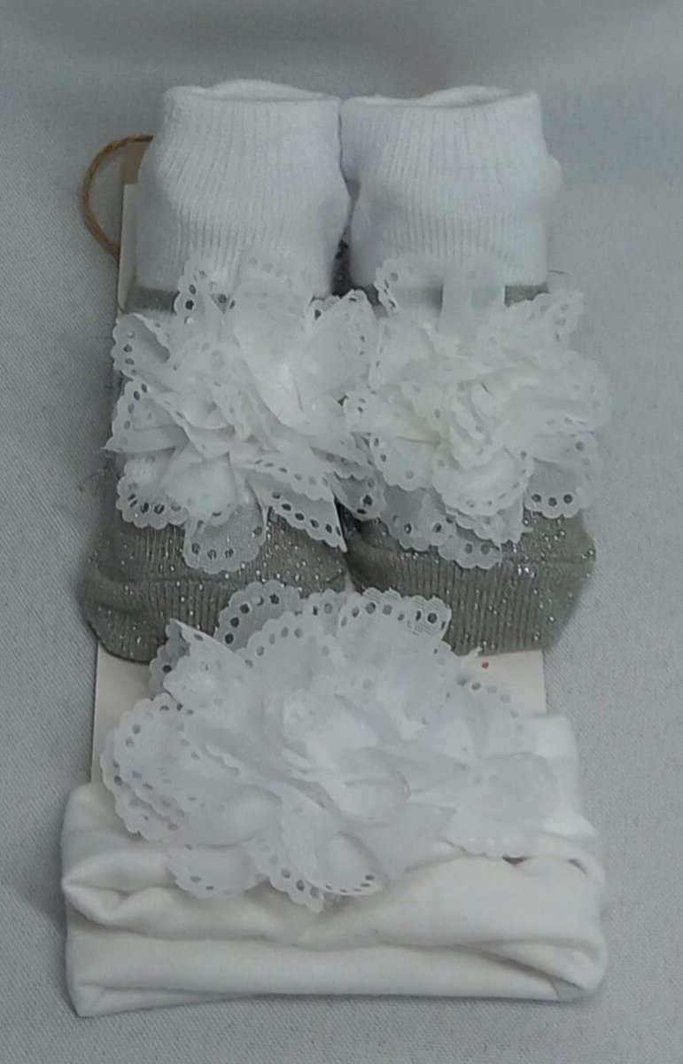 Goedkoopste Tom & Zoe - Baby Haarband met Bijpassende Sokjes - Meisje - Zilvergrijs / Wit sokje met Glitter en Bloem - Set - 0-6 mnd - Kraam kado Tip !!