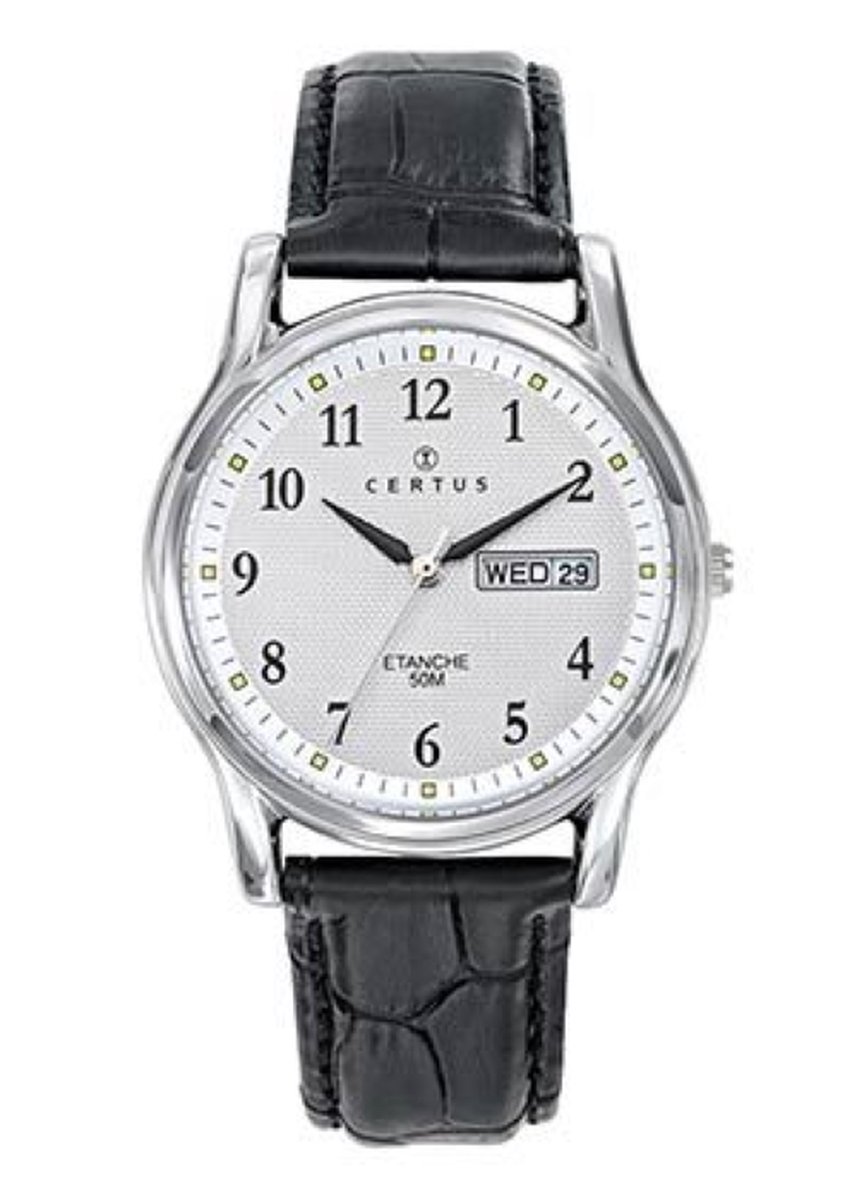 Certus-Horloge-Heren-35MM-Duidelijke wijzerplaat-Dag-Datum aanduiding-Cijfers-Zwart Lederen band-Zilverkleurig
