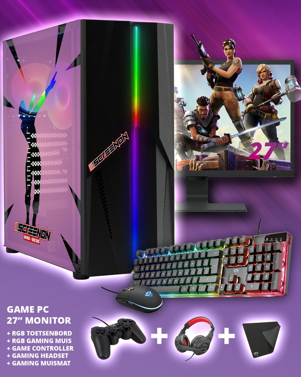 ScreenON - Game PC - Complete Fortnite Gaming PC Set - X13899 - V2 ( Game PC X13899 + 27 Inch Monitor + Toetsenbord + Muis + Controller )