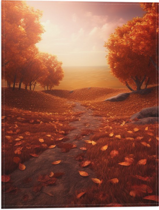Vlag - Schilderij van Weg tussen Bomen Bedolven onder Herfstbladeren met Prachtig Uitzicht - 30x40 cm Foto op Polyester Vlag