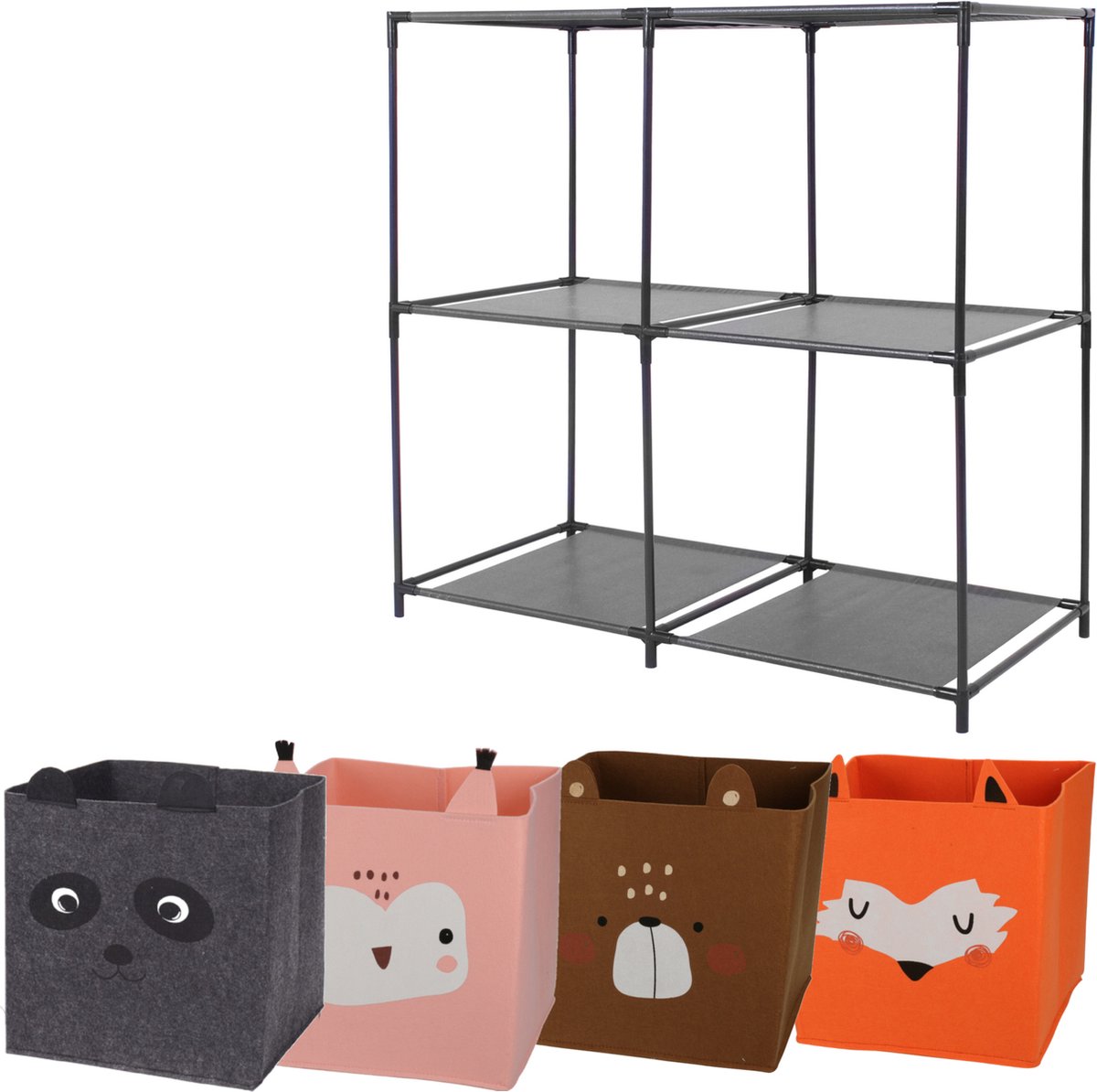 Kastmandjes/opberg mandjes - 4x stuks van 29L - Dieren gezicht prints - In rekje 68 x 68 cm