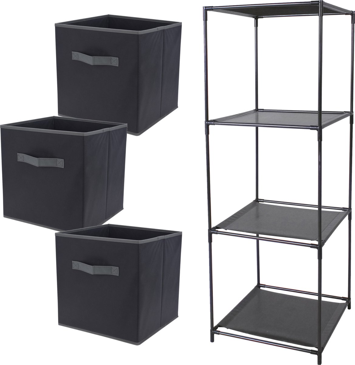 Kastmandjes/opberg manden - zwart - 3x stuks van 29L - Metalen rekje is 34 x 98 cm