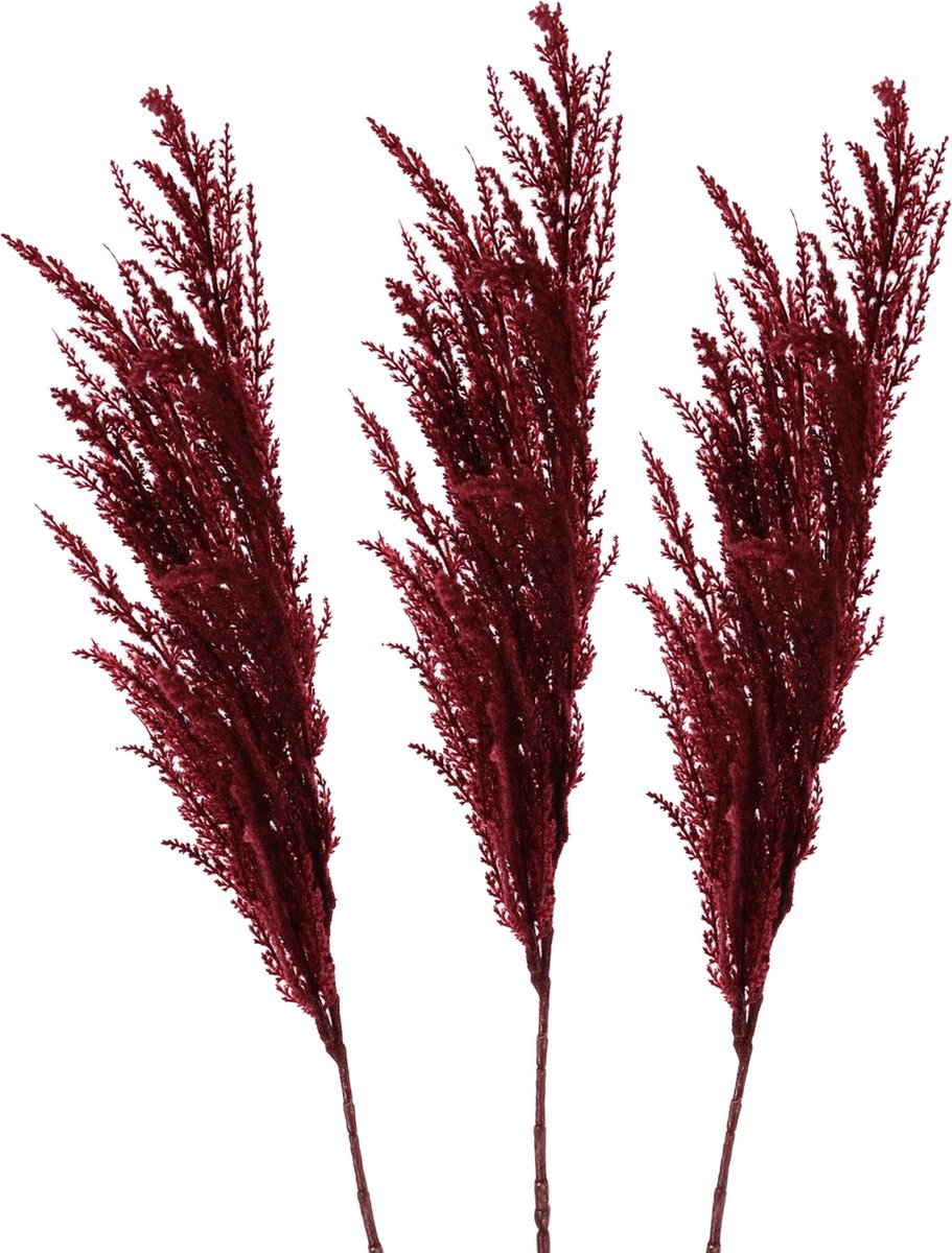 TopArt Pampasgras pluim losse steel/tak - 3x - bordeaux rood - 100 cm - Decoratie kunst bloemen/graspluimen