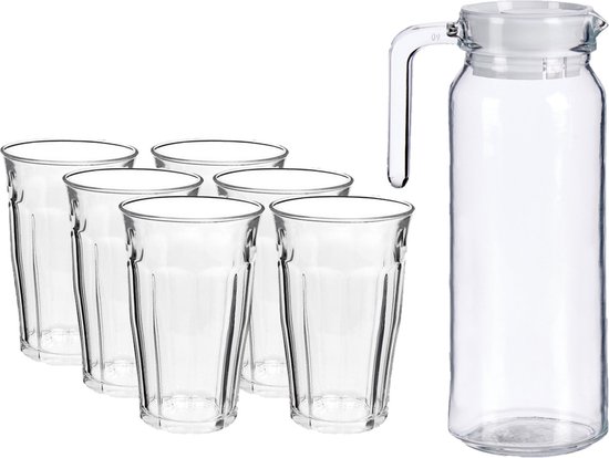 Carafe/pichet en Verres avec bouchon en liège de 1 litre avec 6x