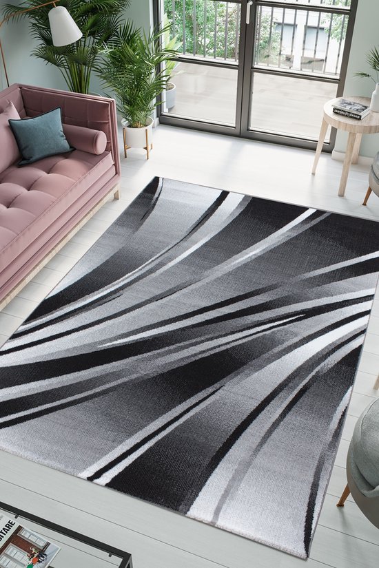 Flycarpets Jaden Modern Vloerkleed - Zwart / Grijs - 160x230 cm - Laagpolig Tapijt Woonkamer