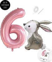 Snoes - Stampertje Basis ballon set XXL Cijferballon Baby Roze Pink Nude 6 - Lief Konijn + Cijfer Ballon 6 Jaar - Helium Geschikt