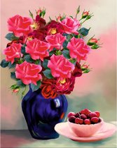 Diamond painting op houten kader - Scarlet Bouquet - 40x50 cm - Ronde Steentjes