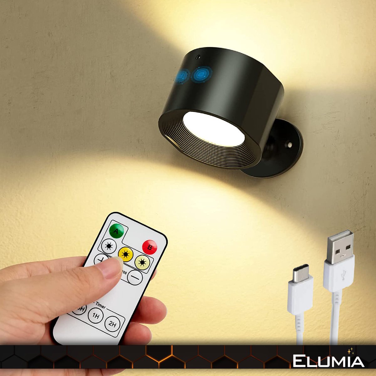 Elumia® Wandlamp VERONA - Draadloos - Oplaadbaar - Accu - 360° Roteerbaar - Afstandsbediening - Timer - Drie Kleuren - Eenvoudige Bevestiging - Dimbaar - Nachtlamp - Leeslamp