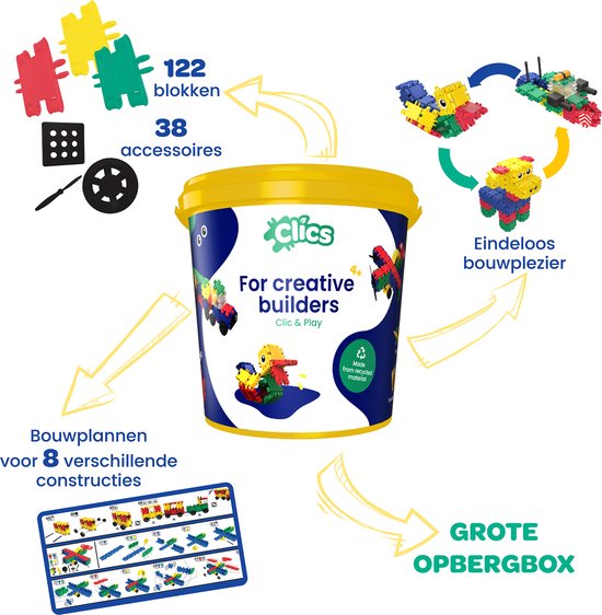 Clics Build & Play 8-in-1 bouwblokken– DUURZAAM SPEELGOED gemaakt van GERECYCLEERDE kunststof- bouwset 5 in 1 - speelgoed 4,5,6,7,8 jaar jongens en meisjes- educatief speelgoed- Montessori speelgoed- constructie speelgoed