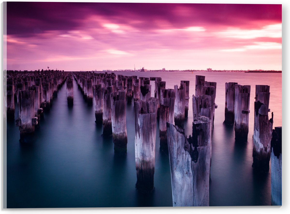 Acrylglas - Palen - Water - Hout - Zee - Kleuren - 40x30 cm Foto op Acrylglas (Wanddecorat