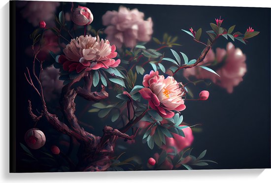 Canvas - Roze Bloemen aan Bruine Tak - 90x60 cm Foto op Canvas Schilderij (Wanddecoratie op Canvas)