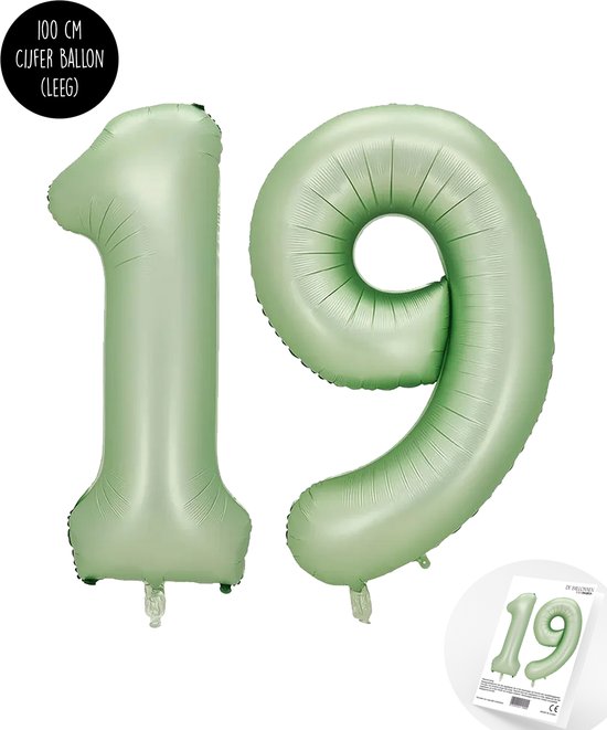 Cijfer Helium Folie Ballon XXL - 19 jaar cijfer - Olive - Groen - Satijn - Nude - 100 cm - leeftijd 19 jaar feestartikelen verjaardag