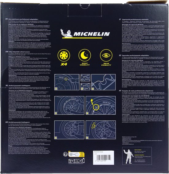 Verpakking van Michelin wieldoppen met handleiding en afbeeldingen van de wieldoppen.