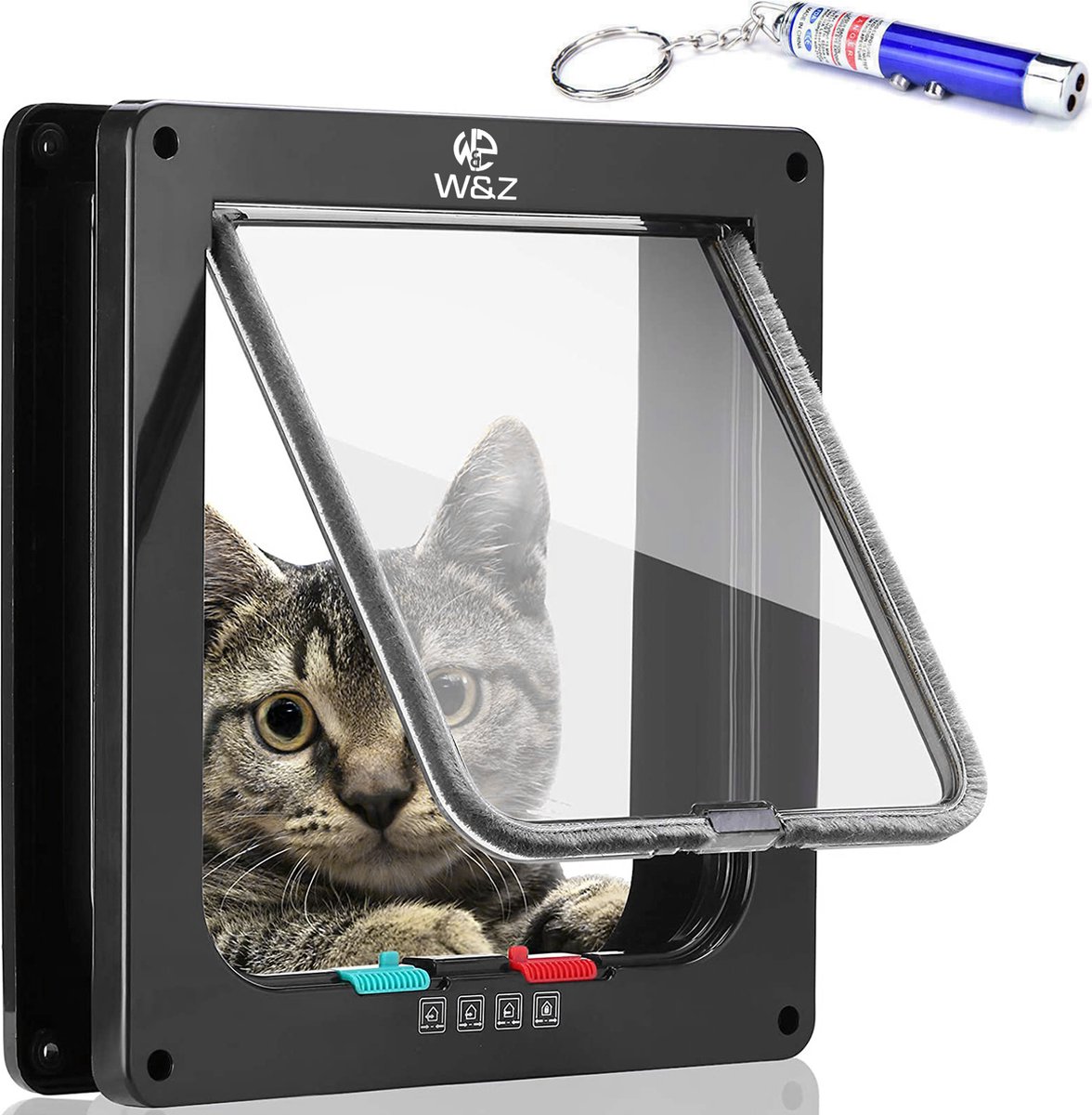W&Z® Kattenluik met Vierwegsluiting - weerbestendig - Middel groot - Grote Kat - 25 x 23 x 5,5 cm - Zwart - W&Z