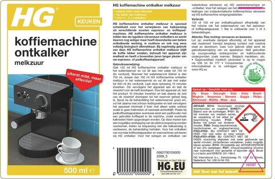 HG - Keuken - Koffiemachine Ontkalker - Melkzuur - 500 ml - 1 stuk