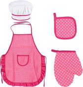 Kookset voor kinderen, verstelbaar Kookschort voor kinderen, kinderkeuken bakken met kookhoed voor kinderen, kookhandschoen voor kinderen, Hittebestendige mat Voor Jongens Meisjes van 3-8 jaar (roze rood)