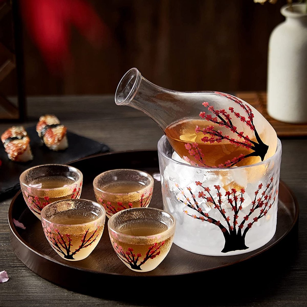 Japanse sake-set voor 4, handgemaakte roze kersenbloesems, 1 sake-fles, 1 sake-container en 4 sake-bekers, sake-karaf koud/warm/warm, speciale Japanse cadeauset, 6 stuks