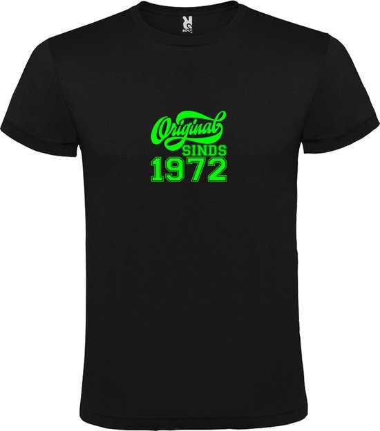 Zwart T-Shirt met “Original Sinds 1972 “ Afbeelding Neon Groen Size L