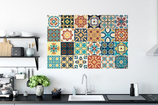 Stickers muraux - Sticker Foil - Fleurs - Vintage - Motif - Blauw - Oranje - 120x80 cm - Film Adhésif - Stickers muraux Muraux Chambre Enfant - Papier Peint Auto Adhésif