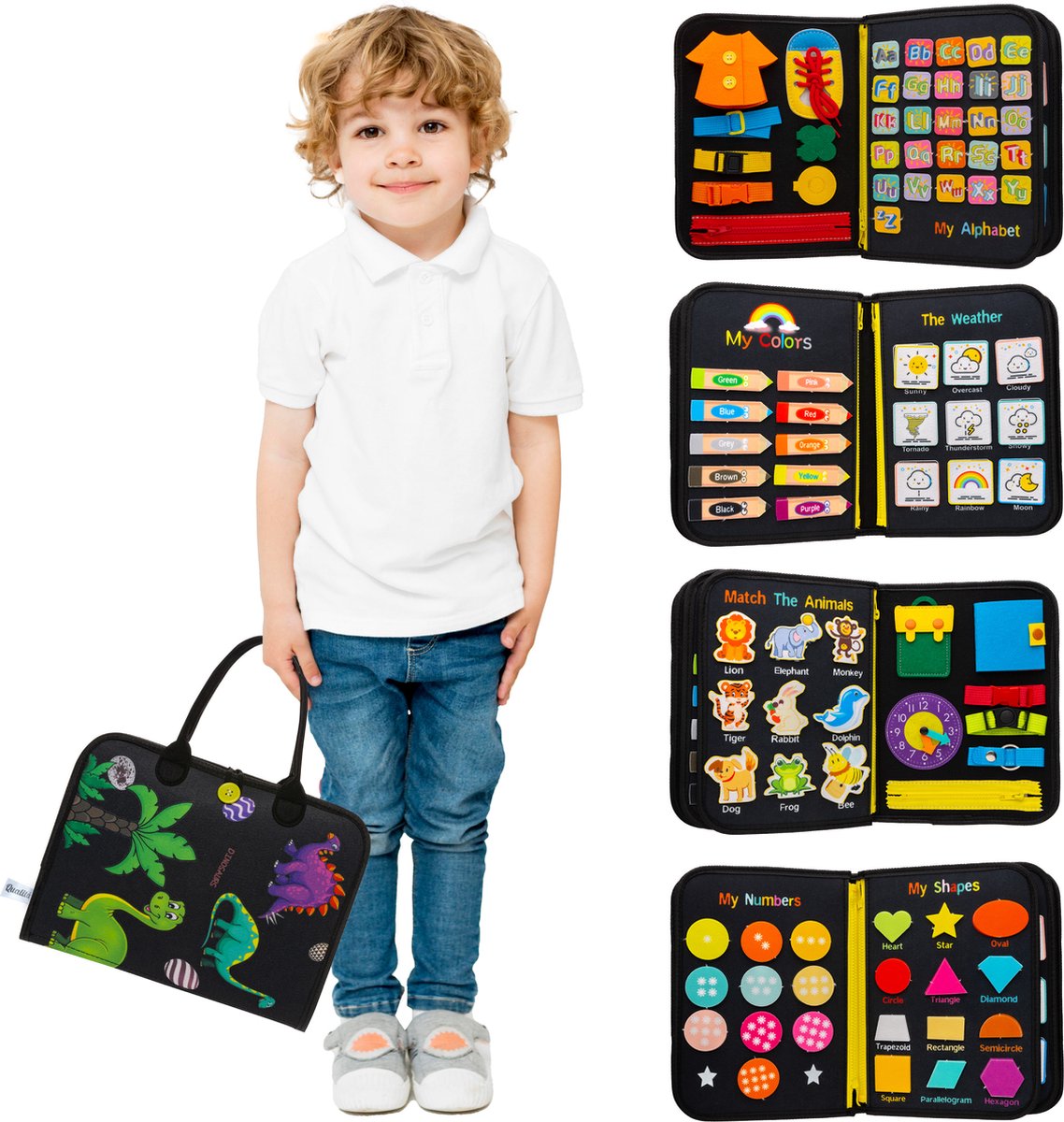 Qualitá® Montessori Speelgoed Dino - Sensorisch Speelgoed - Activiteitenbord - Busy Board - Montessori voor thuis - Educatief - Dinosaurus speelgoed - Qualita