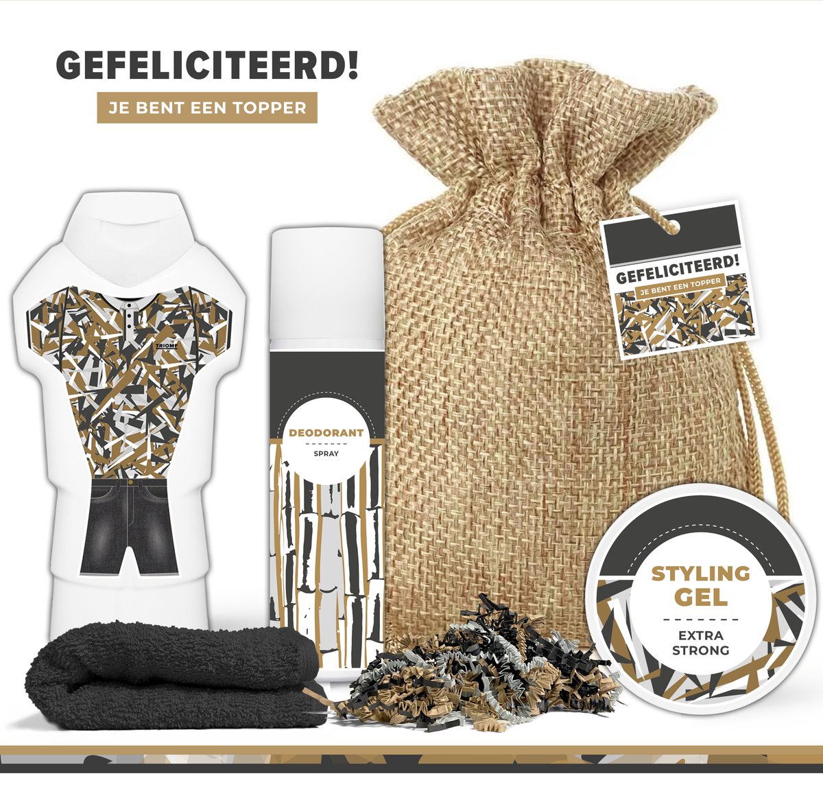 Goedkoopste Geschenkset Gefeliciteerd, je bent een topper! - 5 Producten - 650 Gram | Cadeau voor Hem - Giftset Verjaardag man - Cadeau Pakket Geslaagd - Diploma - Rijbewijs - Eerste prijs - Vader - Douchegel Deodorant Styling Gel - Wellness Gift Set - Zwart