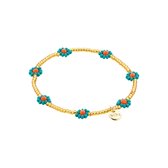 Armband - Biba - Bloemen - Flowers - Goudkleurig - Kralen - Elastisch - Turquoise/Oranje