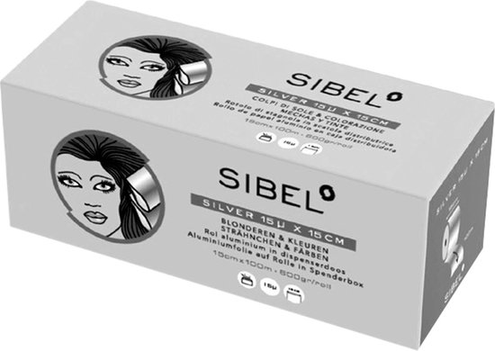Zilverkleurige doos met afbeelding van vrouw met highlights. Tekst: Sibel Silver 15u x 15cm.