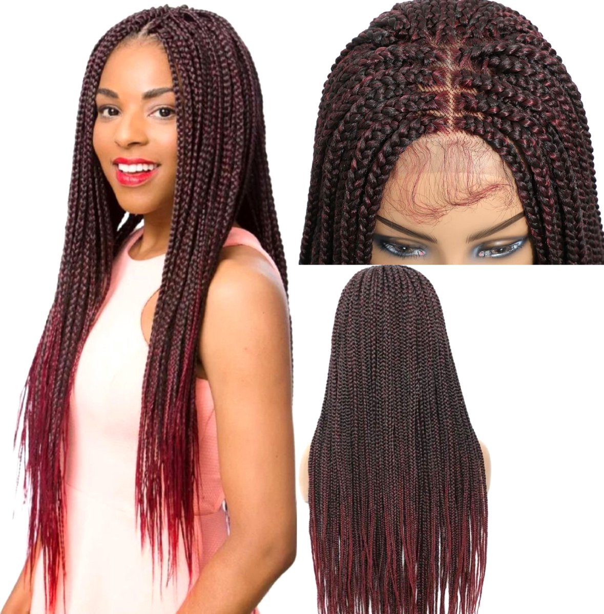 Frazimashop – 35 Inch91 cm HD Full Lace Gevlochten Pruik – Zwart / rood– Extra Lang Dames Vlechten Pruik – 76 cm – Realistische Look – Volledige Dekking