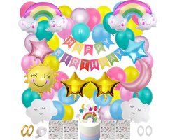 Joya Party® Regenboog Wolken Verjaardag Versiering Set | Feest Decoratie Pastel Ballonnen | Feestdecoratie Verjaardag & Themafeest | Feestversiering met slingers, cupcake topper, taarttopper & eenhoorn tattoos voor kinderen